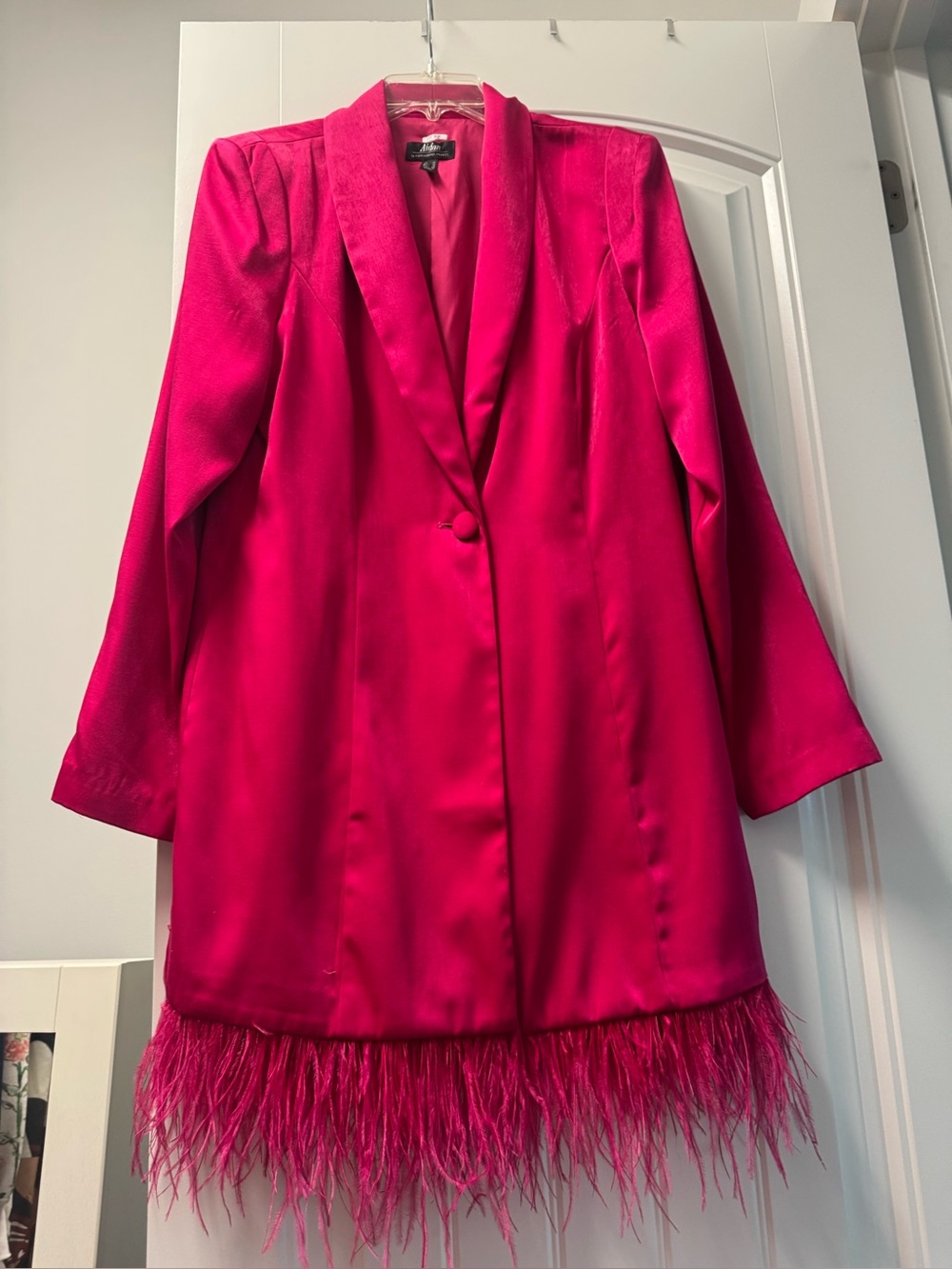 Aidan Mattox Hot Pink Satin Blazer with Feather Trim